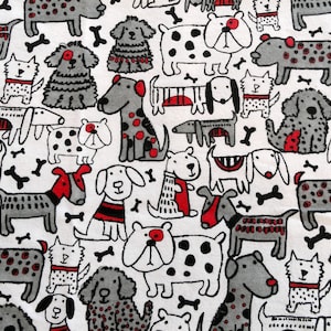 May include: A white fabric with a repeating pattern of black and red cartoon dogs. The dogs are in various poses and have different facial expressions. Some dogs have black spots, while others have red spots. The fabric is perfect for quilting, sewing, and crafting.