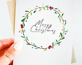 Merry Christmas Card Christmas Card Holiday Cards Box Set Christmas Wreath Holiday Cards Simple Christmas Card Watercolor Wreath Card Wreath