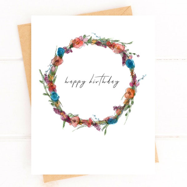 Birthday Watercolor Wreath Card Happy Birthday Card Beautiful Card for Birthday
