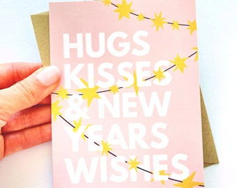 Hugs Kisses New Year Wishes Card, Pink Holiday Gifting Card