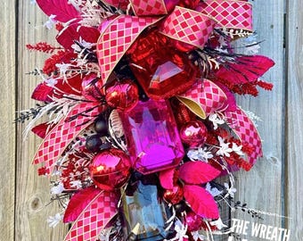Jewel Ornament Wreath, Valentines Day Wreath, Harlequin Ribbon Wreath, Gem Christmas Wreath, Swag MeshWreath, Pink Mesh Wreath, Black Wreath