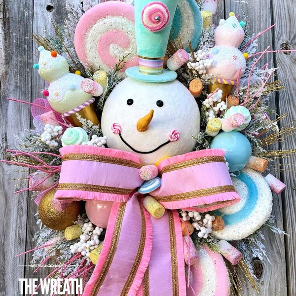 Snowman Mesh Wreath, Christmas Mesh Wreath, Candy Christmas Wreath, Ornament Wreath, Lollipop Christmas Wreath, Pastel Christmas Wreath
