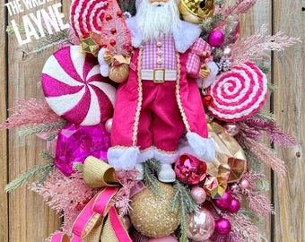 Santa Wreath For Front Door, Candy Wreath For Front Door, Pink Wreath For Front Door, Christmas Mesh Wreath, Jewel Wreath For Front Door