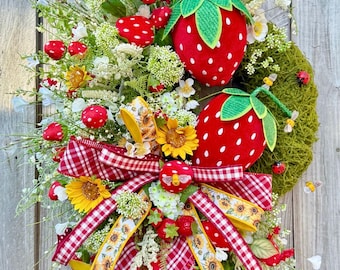 Strawberry Gingham Wreath for Door, Spring Mesh Wreath For Door, Sunflower Wreath For Door, Summer Wreath For Door, Moss Wreath for Door