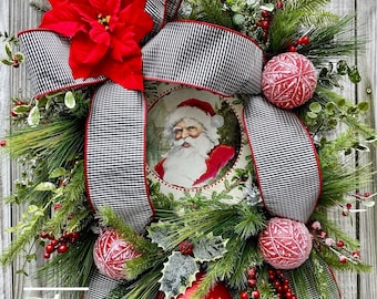 Vintage Christmas Wreath, Santa Wreath, Ornament Wreath, Pine Wreath, Holly Wreath, Poinsettia Wreath, Vintage Santa, Rustic Wreath