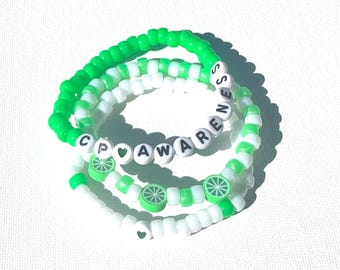 Kandi, Made to order, Cerebral palsy  awareness bracelets,  green Kandi , cp bracelet, set of 3 bracelets, support Kandi, bracelet trio