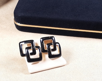 Stylish Gold and Black Enameled Avant-garde Crossing squares shaped Earrings, Vintage, Unique, Collectable, Gift