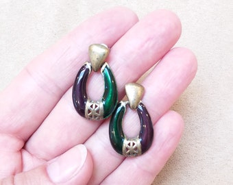 vintage bronze tone green and purple ENAMELED EARRINGS, unique gift for her, collectible jewelry