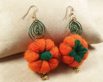HALLOWEEN PUMPKIN shaped EARRINGS, handmade wool felted jewelry, unique gift for her