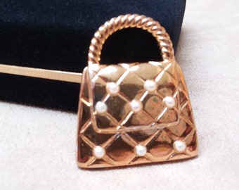 VINTAGE gold pearl HANDBAG purse BROOCH, unique gift for her, collectible jewelry