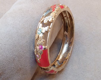 VINTAGE orange tone enamel crystal BANGLE BRACELET, unique gift for her, collectible jewelry