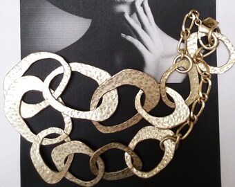 VINTAGE SEQUIN brand gold tone brutalist hammering large chain statement NECKLACE, unique gift for her, collectible jewelry