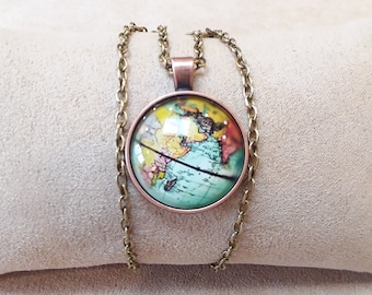 Rare Old Map Pendant Chain Necklace, Unique Collectible Cool Jewelry, Gift