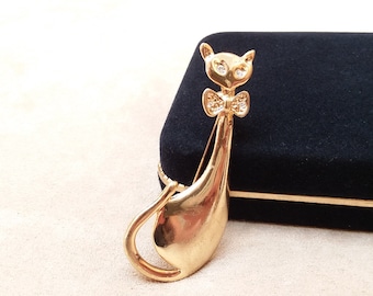 vintage gold CAT shaped BROOCH, unique gift for her, collectible jewelry