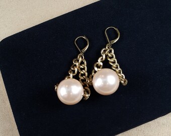 Fashion Large Pearl Bronze chain Art Deco Dangling Earrings, Unique gift for her, collectible jewelry