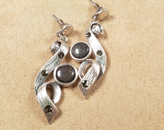 Serpentine shaped Vintage Silver Sparkling Crystal Gray Gemstone Dangling Earrings, Unique gift for her, Collectible jewelry