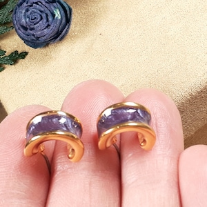 Vintage Glowing Purple Enameled Hoop Earrings, Unique Gift, Collectible Custom Jewelry