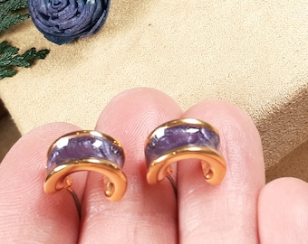 Vintage Glowing Purple Enameled Hoop Earrings, Unique Gift, Collectible Custom Jewelry