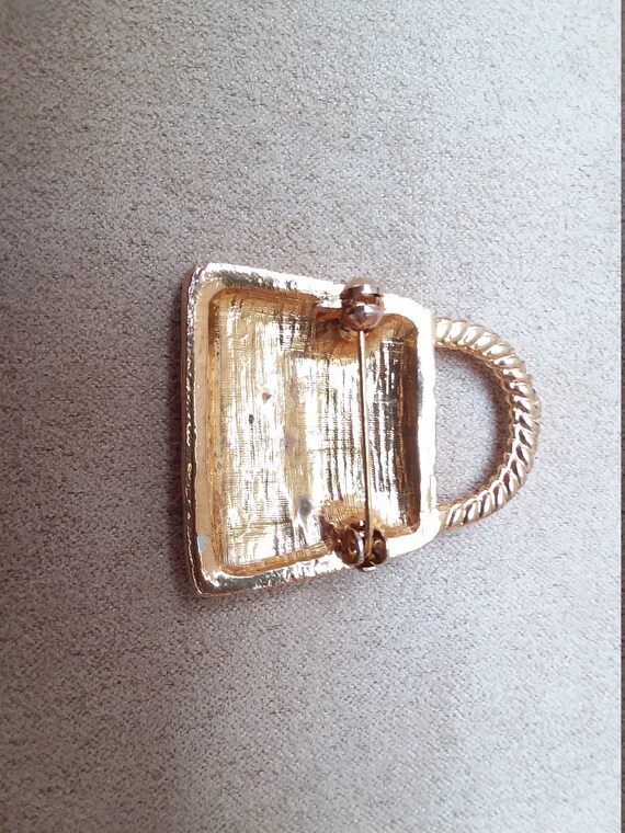 VINTAGE gold pearl HANDBAG purse BROOCH, unique g… - image 7