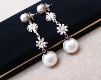 vintage large faux pearl long drops EARRINGS, WEDDING jewelry, collectible jewelry
