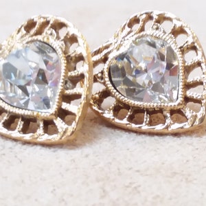 vintage gold tone large CRYSTAL heart shaped stud EARRINGS, unique gift for girl/woman