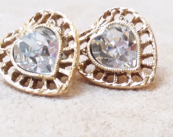 vintage gold tone large CRYSTAL heart shaped stud EARRINGS, unique gift for girl/woman