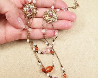 Gorgeous vintage Avon Gold & Rhinestones triple chain  Necklace, unique Gift, Collectible Custom Jewelry
