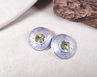 Celestial style Silver carved Yellow crystal round Earrings, Unique, Gift, Cool, Custom, Collectible Jewelry