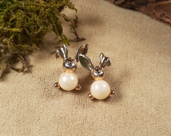 EASTER BUNNY gold pearl stud EARRINGS, Avon jewelry, unique gift for her