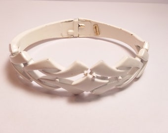 vintage rare Crown TRIFARI white enamel bangle wedding bracelet, unique collectible jewelry