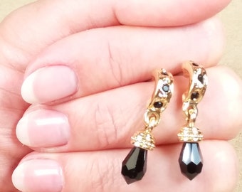 Stunning black teardrop shaped CRYSTALS gold DANGLING EARRINGS, unique gift for her, collectible jewelry