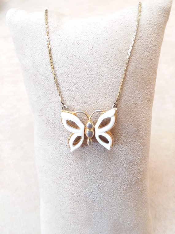 collectible jewelry vintage rare MONET gold tone white BUTTERFLY PENDANT necklace unique gift for girlwoman