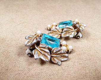 vintage signed ART blue crystal pearl ART DECO style clip on earrings, unique gift for her, collectible jewelry