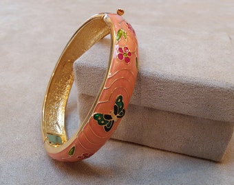 VINTAGE ENAMEL gold tone floral oval shaped bangle BRACELET, unique gift for her, collectible jewelry