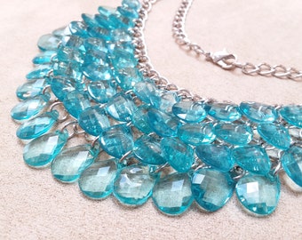 Sky Blue Teardrop shaped Crystal Bib Necklace, Unique Vintage, Collectible Jewelry, Gift for Her, 1980s Style necklace