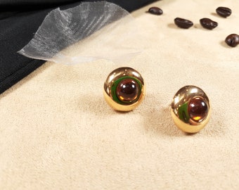 Elegant Gold round shaped base Amber tone Cabochon Stud Earrings, Unique gift for her, Collectible Jewelry