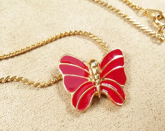 vintage read ENAMELED BUTTERFLY shaped PENDANT necklace, unique gift for her, collectible jewelry