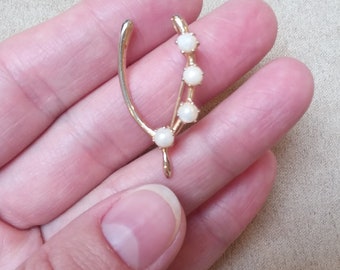 vintage gold pearl WISHBONE shaped PIN BROOCH, unique gift, collectible jewelry