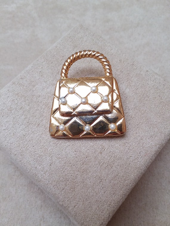 VINTAGE gold pearl HANDBAG purse BROOCH, unique g… - image 2