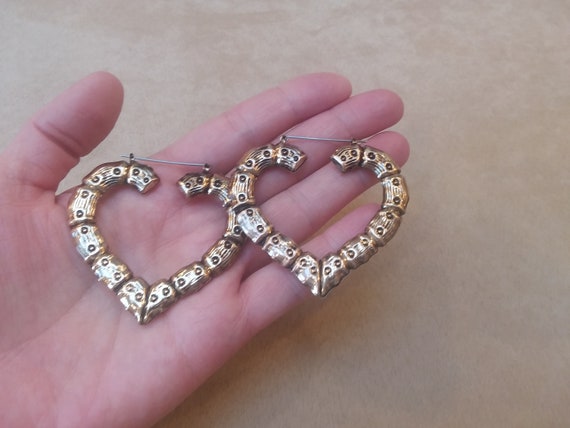 vintage gold tone HEART shape HOOP EARRINGS, uniq… - image 1