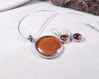 vintage amber tone large smooth crystals JEWELRY SET, unique gift for her, collectible jewelry