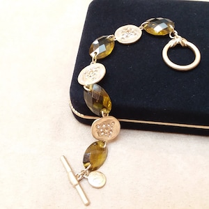 vintage signed JNY green crystal gold tone CHARM BRACELET, unique gift for her, collectible jewelry