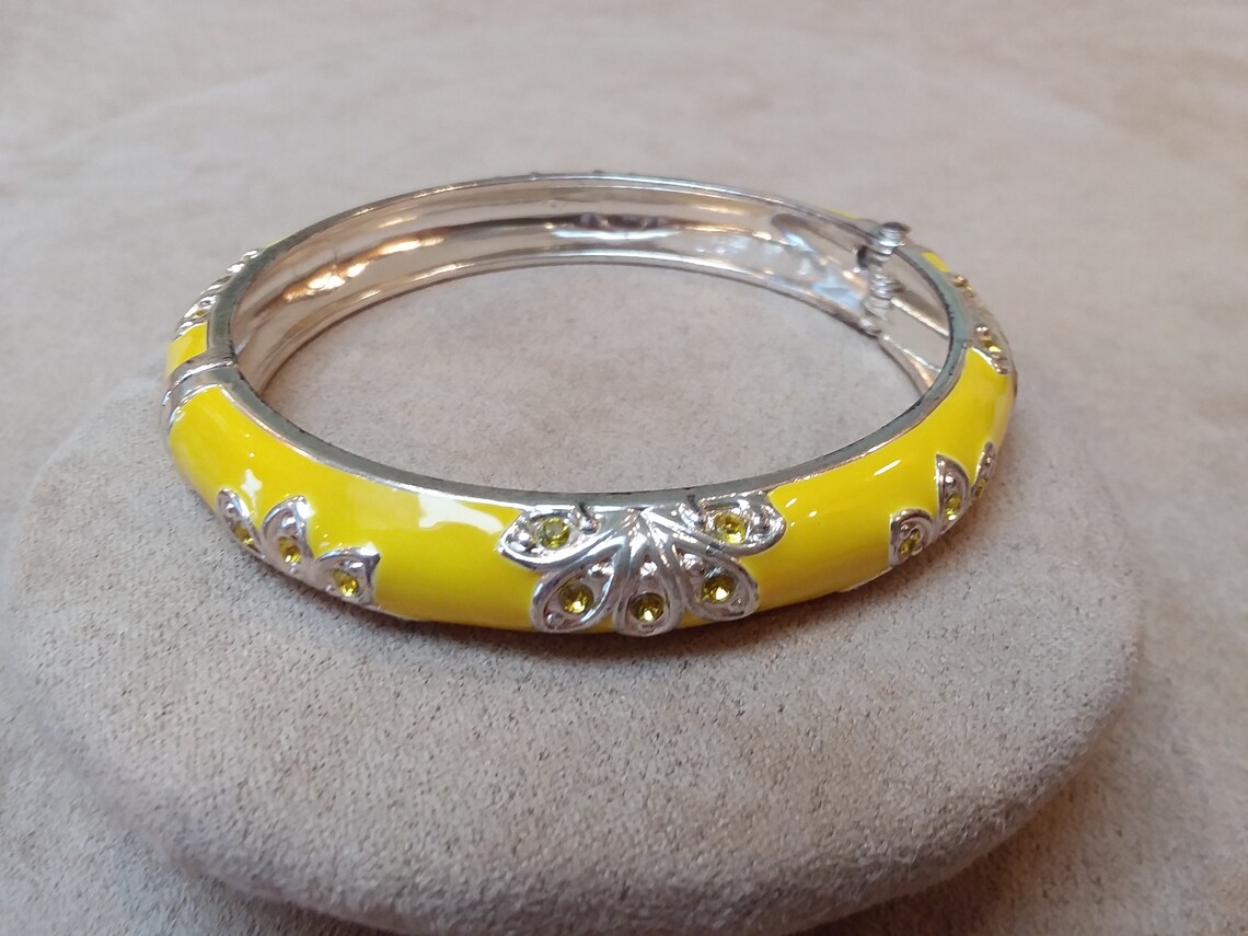 Vintage BANGLE cuff yellow ENAMEL crystal spring summer Etsy