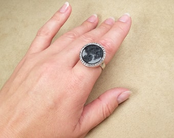 vintage CAMEO CRYSTALS silver tone ring, unique gift for her, collectible jewelry