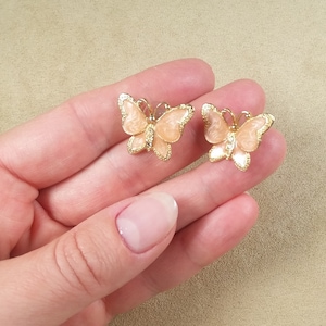vintage peach tone ENAMELED crystal BUTTERFLY shaped EARRINGS, unique gift for her, collectible jewelry