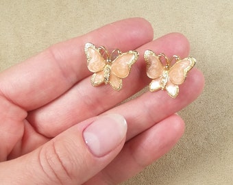 vintage peach tone ENAMELED crystal BUTTERFLY shaped EARRINGS, unique gift for her, collectible jewelry