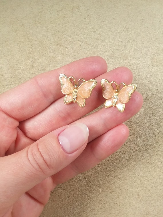 vintage peach tone ENAMELED crystal BUTTERFLY shap