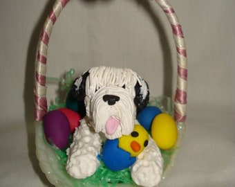 Old English Sheepdog Dog Clay Easter Basket Sculpture