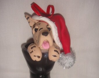 Great Dane Dog Personalized Santa's Boot Handmade Polymer Clay Sculpture Ornament