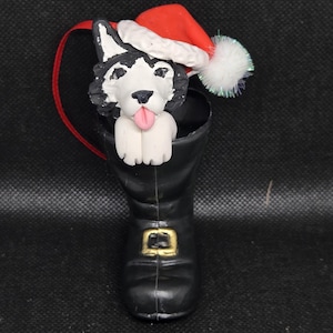Handmade Clay Dog - Dog Ornament - Polymer Clay Sculpture - Custom Pet Name Tag - Siberian Husky Dog Sculpture - Santa’s Boot - Clay Dog